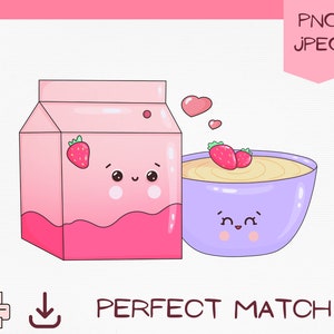 Puede incluir: Una ilustración de dibujos animados de una caja de leche rosa y un tazón morado de cereal con fresas. La caja de leche y el tazón tienen caras lindas y el texto "PERFECT MATCH" está debajo.