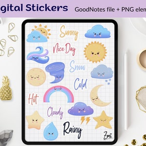 Pack d'autocollants numériques Kawaii météo png GoodNotes, nuages goodnotes arc-en-ciel prérognés, soleil, feuille d'autocollants mignons imprimables, clipart planificateur