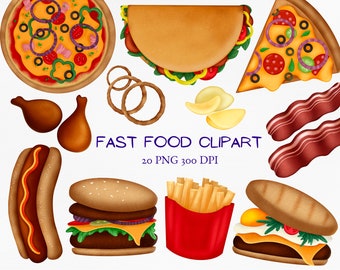 Fast Food Clipart, Junk Food PNG, Pizza, Hot Dog, Burger, Sandwich, French fries PNG, Mexican food scrapbooking planner printable clip art