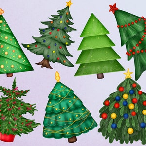 May include: Seven different Christmas trees with various decorations, including ornaments, lights, and bows. The trees are all green and have a variety of styles, including traditional, modern, and whimsical.