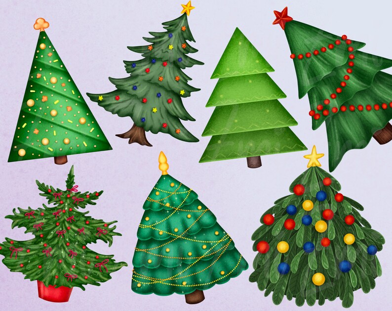 May include: Seven different Christmas trees with various decorations, including ornaments, lights, and bows. The trees are all green and have a variety of styles, including traditional, modern, and whimsical.