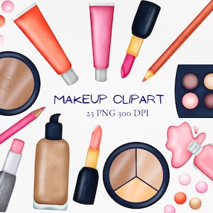 Imágenes prediseñadas de moda de maquillaje, productos de belleza PNG, cuidado personal, bolsa de maquillaje, lápiz labial, rímel, polvos compactos, imágenes prediseñadas de cosméticos de chica de moda