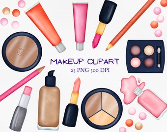 Makeup fashion Clipart, beauty products PNG, self care, makeup bag, lipstick, mascara, compact powder, fashion girl cosmetics clip art