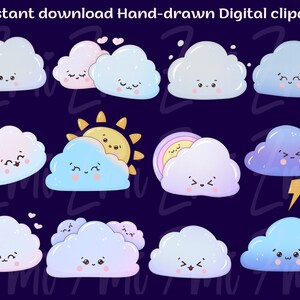 Cute Kawaii Weather Clipart, Sun Clouds Rainbow PNG, Blue Cloud Image ...