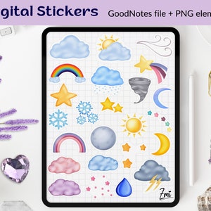 Pack d'autocollants numériques météo png, planificateur GoodNotes, nuages goodnotes arc-en-ciel précoupés, soleil, feuille d'autocollants mignons imprimables, clipart planificateur