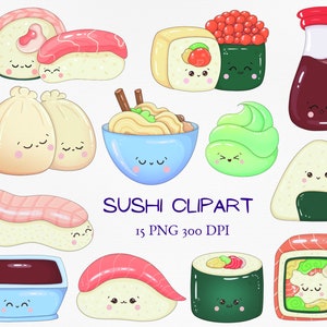 Clipart kawaii sushi png, cucina giapponese carina stampabile, volto sorridente cibo sashimi planner cardmaking scrapbooking uso commerciale clip art
