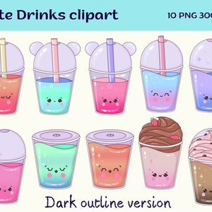 Könnte beinhalten: Zehn Comic-Illustrationen von niedlichen Getränken mit verschiedenen Farben und Geschmacksrichtungen. Jedes Getränk hat ein lächelndes Gesicht und befindet sich in einem durchsichtigen Plastikbecher mit Deckel und Strohhalm. Die Getränke umfassen einen rosa Smoothie, einen blau-grünen Smoothie, ein rosa-blaues Getränk, ein lila-blaues Getränk, ein rosa Getränk mit Sternen, einen braun-rosa Milchshake, einen braun-weißen Milchshake, einen rosa-weißen Milchshake, ein orangefarbenes Getränk mit Sternen und ein grün-blaues Getränk.
