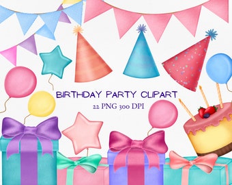 Happy birthday clipart, party balloons png, gift box bunting banners card making, scrapbook planner png, invitation printable clip art set