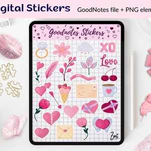 Valentines day love png digital sticker pack GoodNotes planner, precropped cute pink hearts, goodnotes stickers, valentine flowers clipart