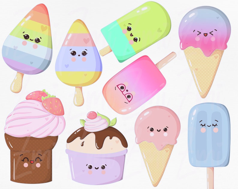 Ice cream cone png clipart set, kawaii popsicle, cute printable, summer sweets, digital planner stickers, cardmaking scrapbooking clip art image 3