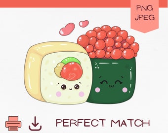 Kawaii perfect match png clipart, sushi Japanese cuisine cute printable digital art, kawaii faces food sashimi planner cardmaking scrapbook