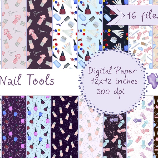 Nail Tools Digital Paper, Nails Digital Paper, Manicure Background, Instant download set of hand painted seamless pattern JPG 300 dpi