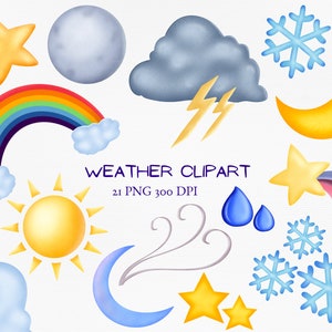 Weather Clipart, Sun Clipart, Clouds PNG, seasons graphics, rainbow, storm, stars, moon, snowflake, tornado weather planner school clip art