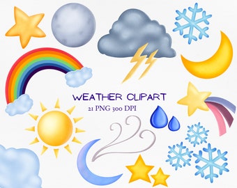 Weather Clipart, Sun Clipart, Clouds PNG, seasons graphics, rainbow, storm, stars, moon, snowflake, tornado weather planner school clip art