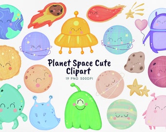 Cute Space clipart, cosmic planet PNG, trendy lovely celestial kawaii character, cartoon printable digital planner clip art