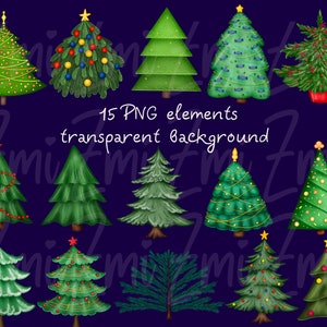 May include: A set of 15 digital illustrations of Christmas trees in various styles and colors. The trees are decorated with ornaments, lights, and garlands. The illustrations are on a transparent background.