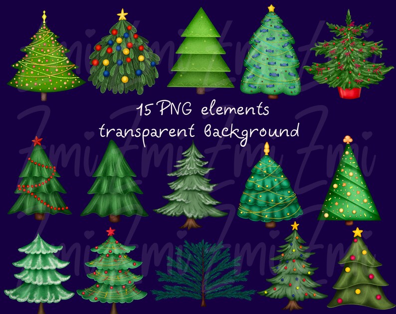 May include: A set of 15 digital illustrations of Christmas trees in various styles and colors. The trees are decorated with ornaments, lights, and garlands. The illustrations are on a transparent background.