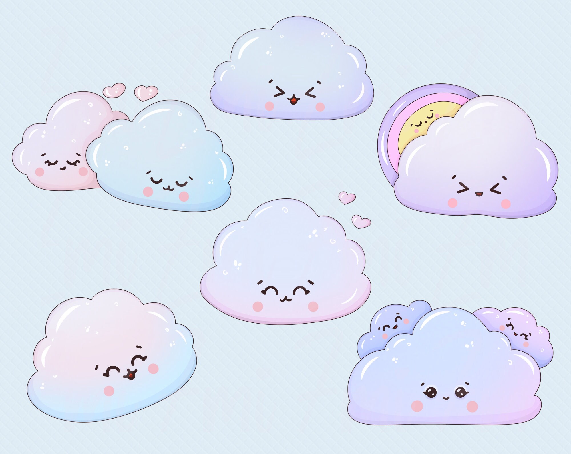 Cute Kawaii Weather Clipart, Sun Clouds Rainbow PNG, Blue Cloud Image ...