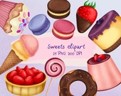 Bakery clipart set, lollipop, cupcake, strawberry, chocolate, macaron, cake, candy, pastry, sweets, hand drawn, scrapbooking supplies