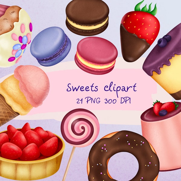 Bakery clipart set, lollipop, cupcake, strawberry, chocolate, macaron, cake, candy, pastry, sweets, hand drawn, scrapbooking supplies