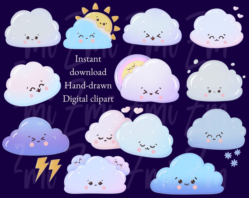 Cute Kawaii Weather Clipart, Sun Clouds Rainbow PNG, Blue Cloud Image ...