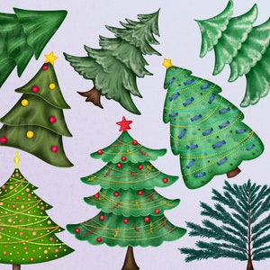 May include: A collection of seven green Christmas trees with various decorations, including red and yellow ornaments, blue candy canes, and gold string lights. The trees are on a light purple background.