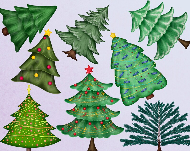 May include: A collection of seven green Christmas trees with various decorations, including red and yellow ornaments, blue candy canes, and gold string lights. The trees are on a light purple background.