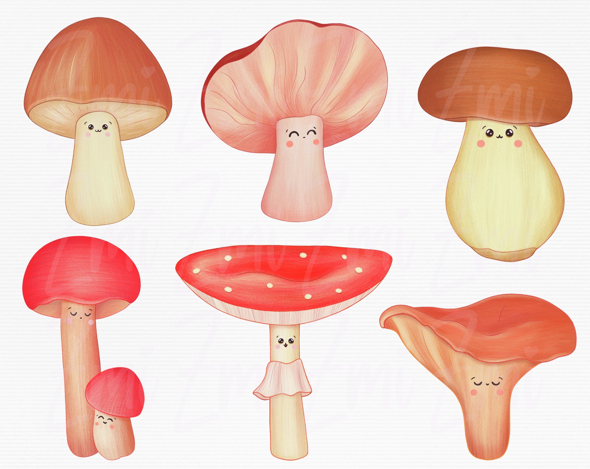 Kawaii Mushroom Clipart Cute Cartoon Printable Mushrooms PNG Instant