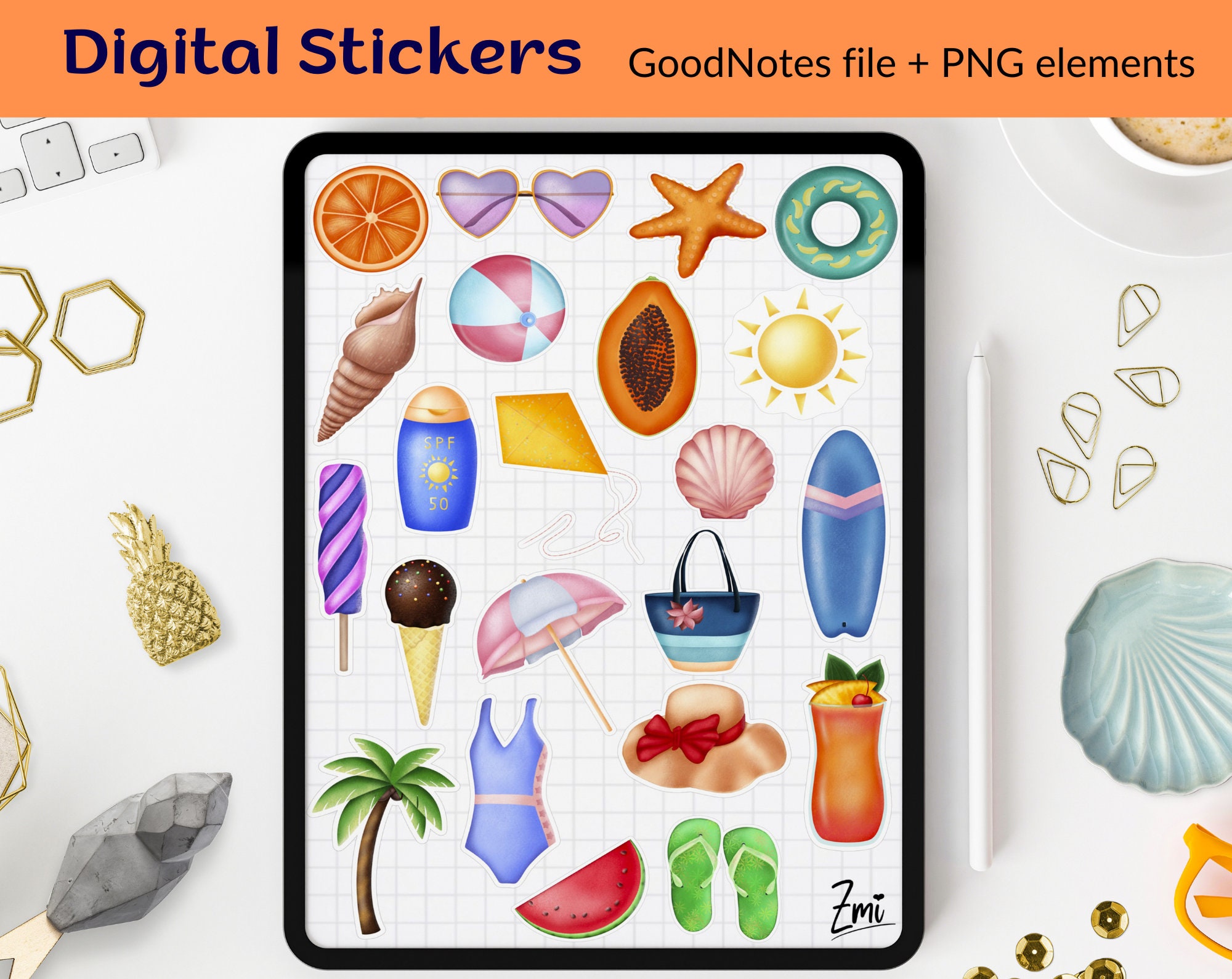 Summer Digital Sticker Pack, Beach Precropped Goodnotes Notability ...