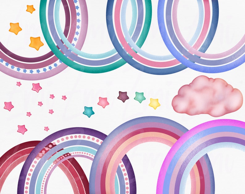 Rainbow Clipart, Boho Clouds PNG, Stars, Rainbows, Celestial Hand Drawn ...