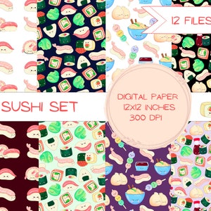 Cute Kawaii Sushi Digital Paper Set | Kawaii Seamless Pattern | Cute Food Backgrounds | Personal and Commercial Use