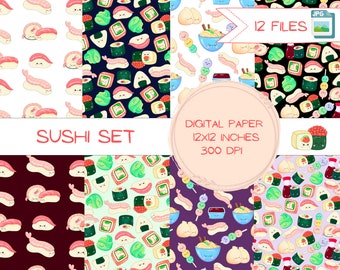 Cute Kawaii Sushi Digital Paper Set | Kawaii Seamless Pattern | Cute Food Backgrounds | Personal and Commercial Use