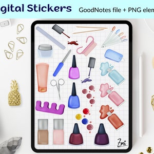 May include: Digital stickers for GoodNotes featuring nail polish bottles, nail files, cuticle pushers, and other manicure tools. The stickers are in a variety of colors, including pink, blue, purple, and red.