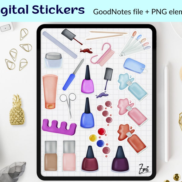 Nail tools Manicure digital sticker pack, nail polish precropped Goodnotes Notability stickers PNG, printable nail tech art planner clipart
