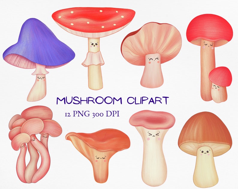 Kawaii Mushroom Clipart Cute Cartoon Printable Mushrooms PNG Instant Download Commercial Use