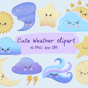 Cute Kawaii Weather Clipart Sun Clouds Rainbow PNG Moon Stars Image