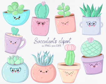Kawaii Cactus Clipart PNG | Printable succulent clipart bundle | Personal and Commercial Use