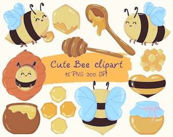 Cute bee clipart, kawaii honey png, yellow honey bee graphics, lovely bees illustration sweet animal printable scrapbook invitation clip art