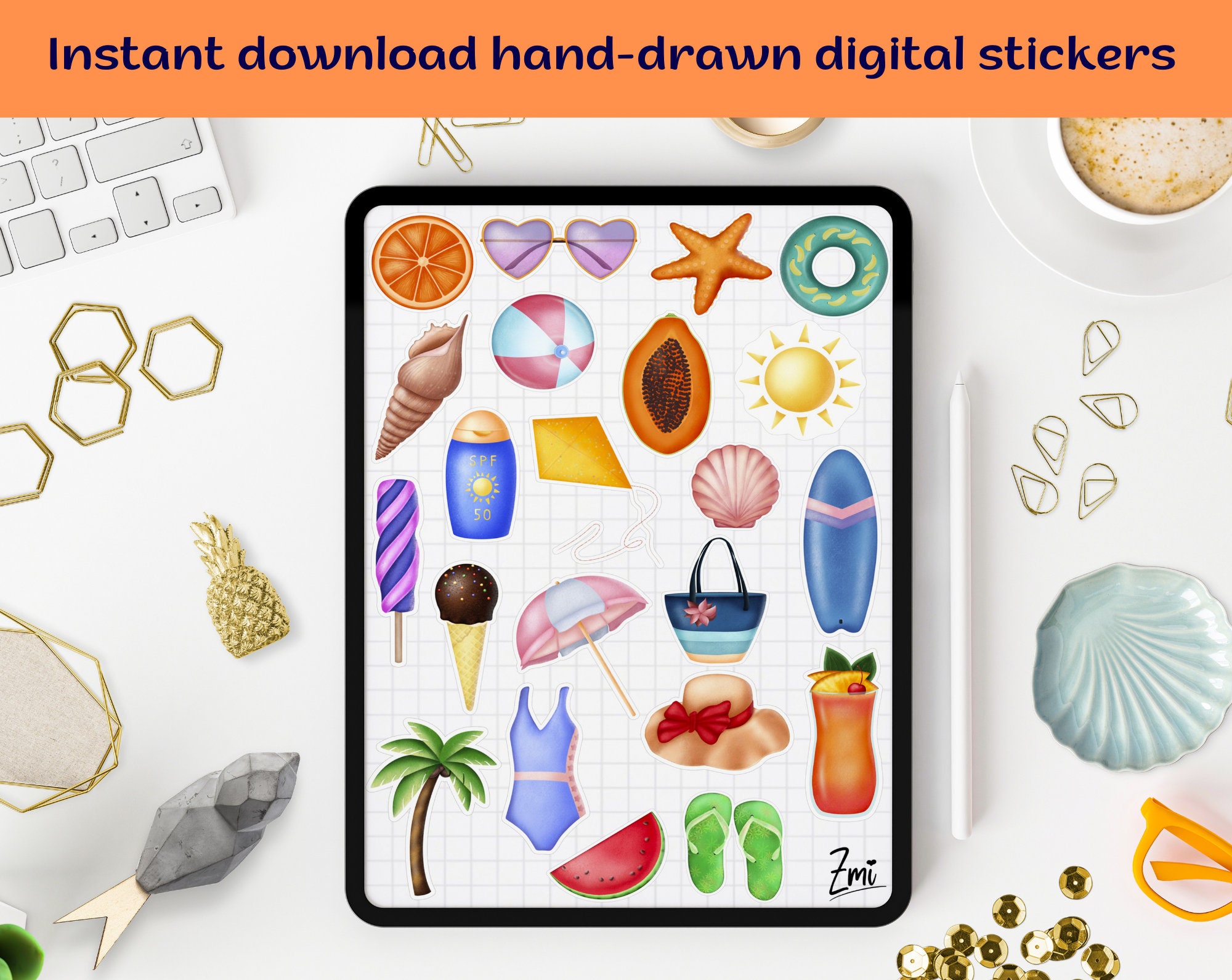 Summer Digital Sticker Pack, Beach Precropped Goodnotes Notability ...