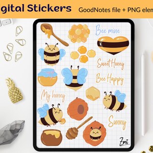 Honey bee digital sticker pack, cute bee precropped Goodnotes Notability stickers PNG, kawaii lovely queen bees illustration planner clipart