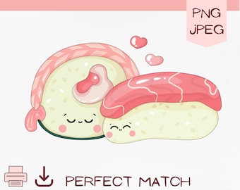 Kawaii perfect match png clipart, sushi Japanese cuisine cute printable digital art, kawaii faces food sashimi planner cardmaking scrapbook
