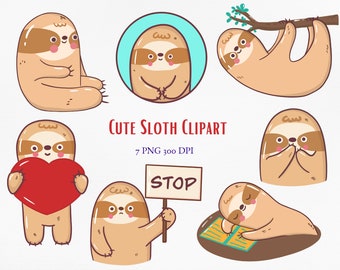 Cute Sloth Clipart Set - Printable PNG Files - Funny Kawaii Doodle Animal Clipart - Personal and Commercial use