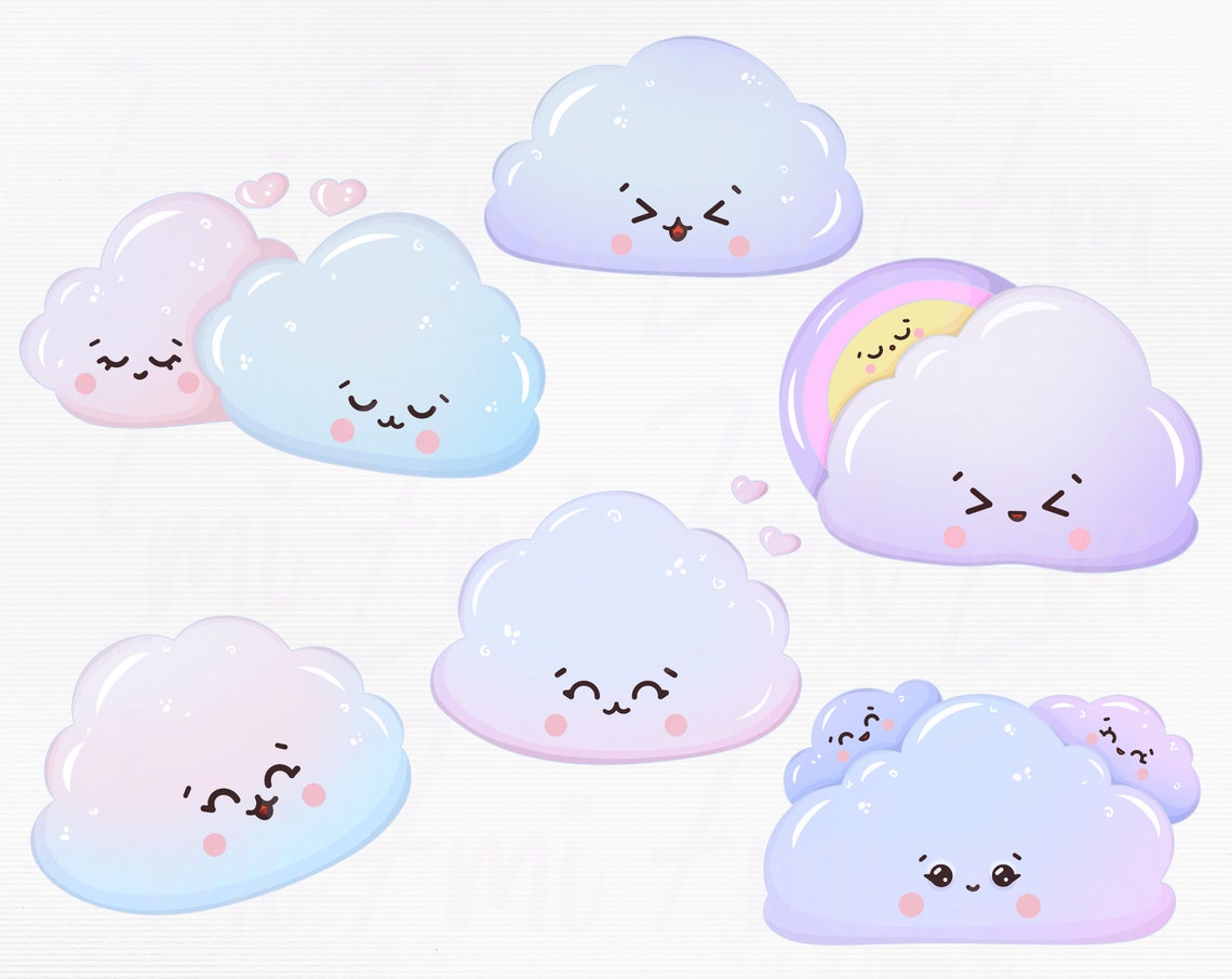Cute Kawaii Weather Clipart, Sun Clouds Rainbow PNG, Blue Cloud Image ...
