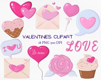 Love Clipart Bundle, Valentine png, pink hearts, cupcake png, love you, Valentine's day planner, romantic printable scrapbooking clip art