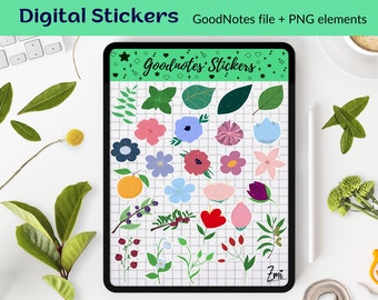Puede incluir: Un paquete de pegatinas digitales para GoodNotes con 24 ilustraciones coloridas de flores, hojas, bayas y frutas. Las pegatinas están diseñadas en un estilo moderno y minimalista y son perfectas para agregar un toque de fantasía a tus notas.