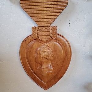 Wood Carved Purple Heart Wall Plaque. Wounded Veteran Gift