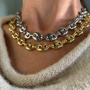 14k Gold Plated Puffy Puffed Anchor Mariner gucci Link Chain Necklace 10mm Thick, 16-20 inch length Unisex women men girls boys ladies