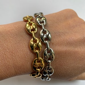 14k Gold Plated Puffy Puffed Anchor Mariner gucci Link Chain Bracelet 10mm Thick, 7 or 8 or 9 inch length Unisex women men girls boys ladies