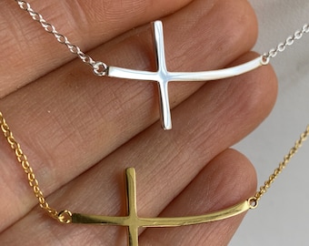 Solid 925 Sterling Silver Large Curved Sideways Cross 14k Yellow Gold Plated Pendant Necklace