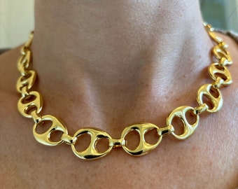14k Gold Plated Puffy Puffed Anchor Mariner Link Chain 14mm Thick, Necklace 16.5 inch or bracelet 8.5 inch Unisex women men girl boys ladies